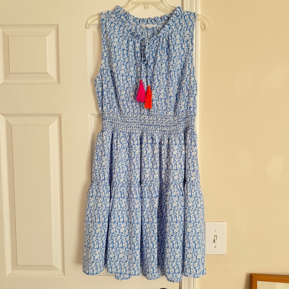 THML Blue and White Smocked Waist Sleeveless Dress with Pink & Orange Tassels